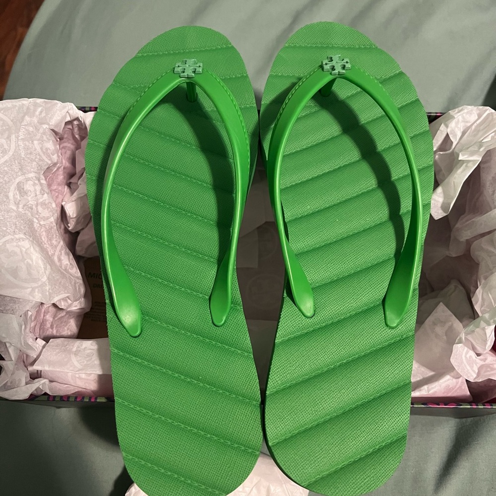 Tory Burch green flip flops